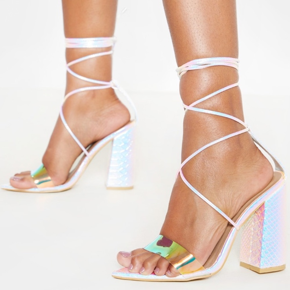 PrettyLittleThing Reflective Lace Up Heel Sandals